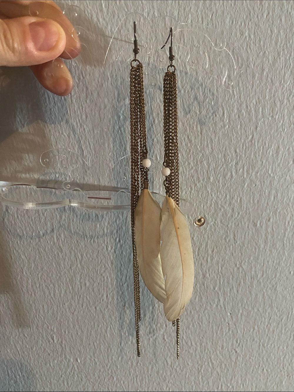 Boho Feather Drop Earrings in Cream and Antique Gold